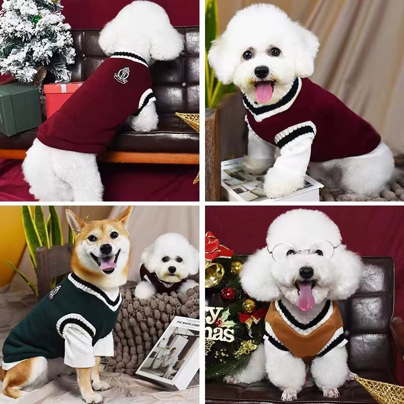 Winter Warm Pet Dog Sweater College Style V-Neck Puppy Knitwear for Small Dogs Puppy Vest Clothes Kitty Jacket Outfits